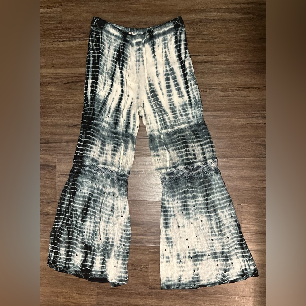 RAGA Boho Tie Dyed Wide Leg Flared Drawstring Pants w/Lace Insets/Sequins. Sz S
